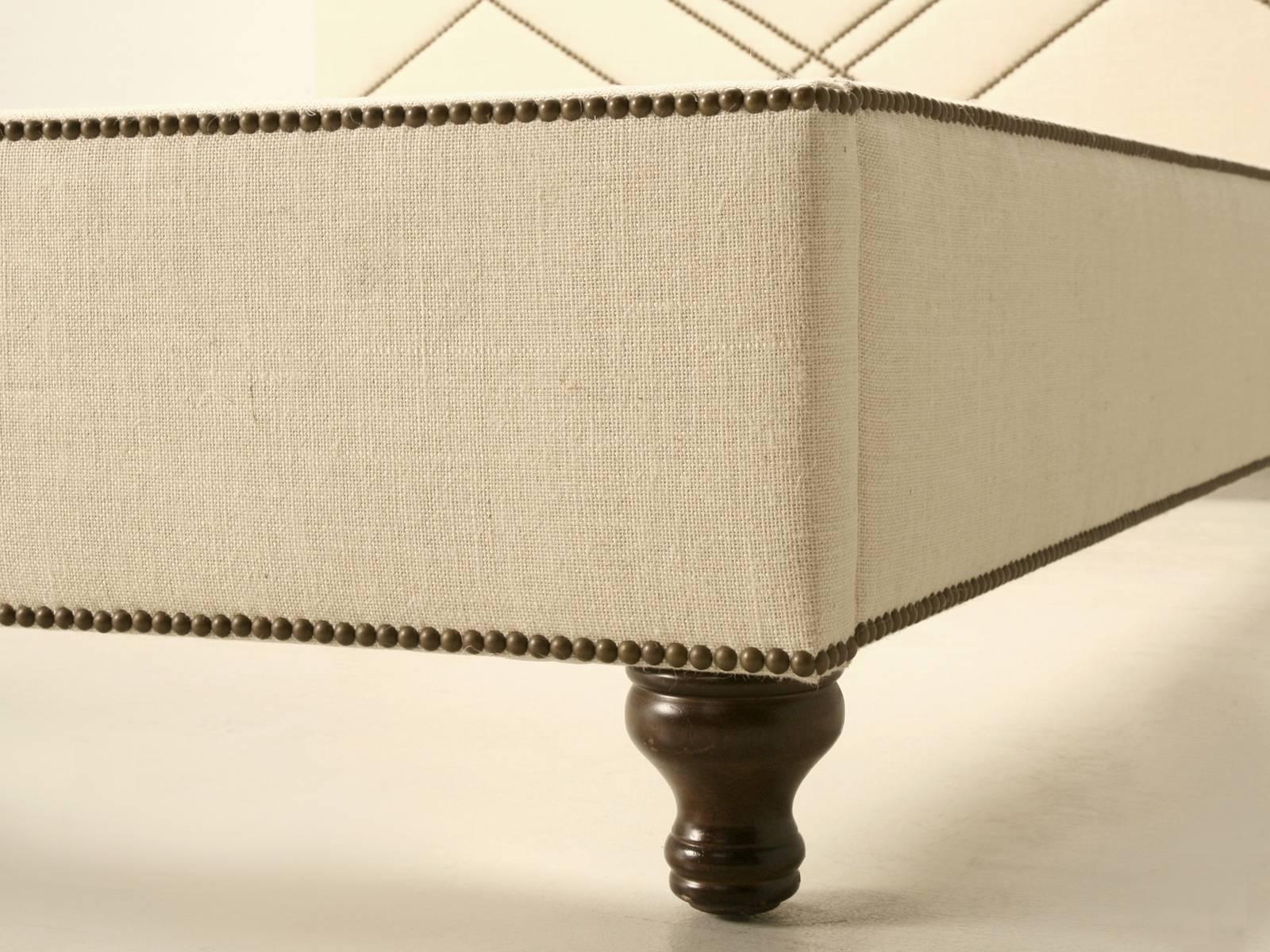 Custom Made Upholstered Bed, Bronze Nail Head Geometric Design Optional Sizes For Sale 1