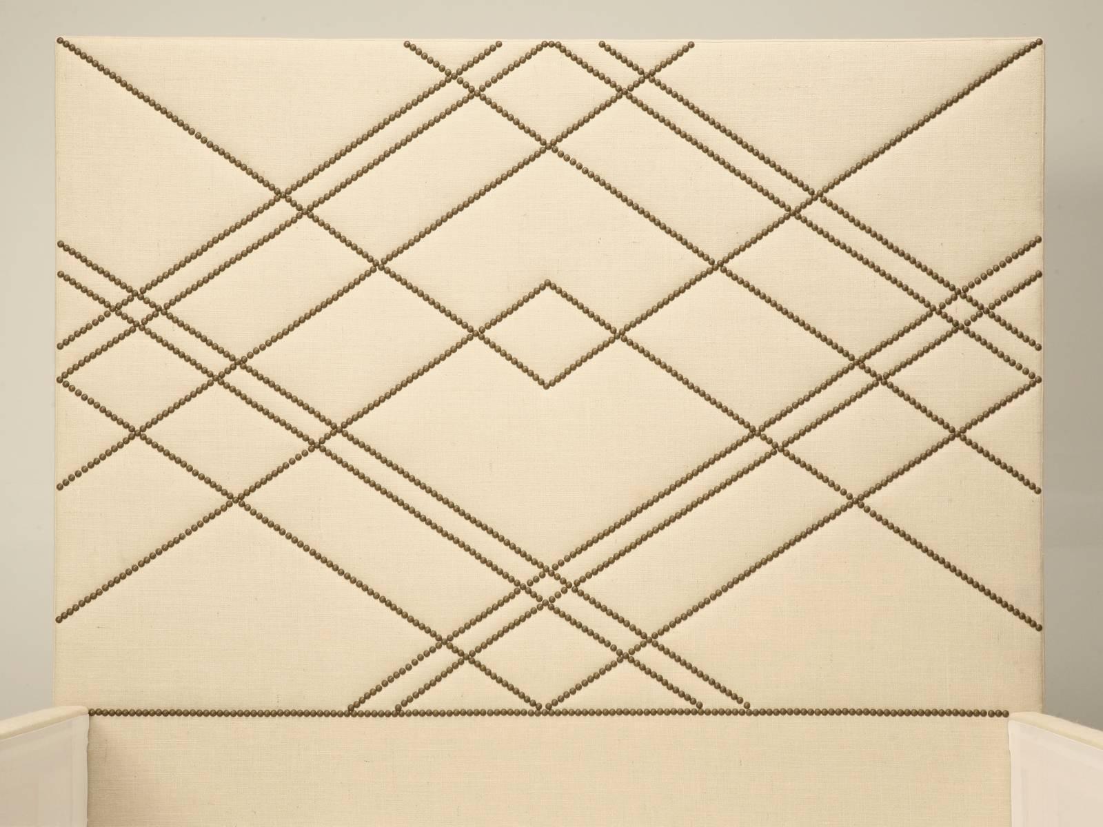 Mid-Century Modern Custom Made Upholstered Bed, Bronze Nail Head Geometric Design Optional Sizes For Sale