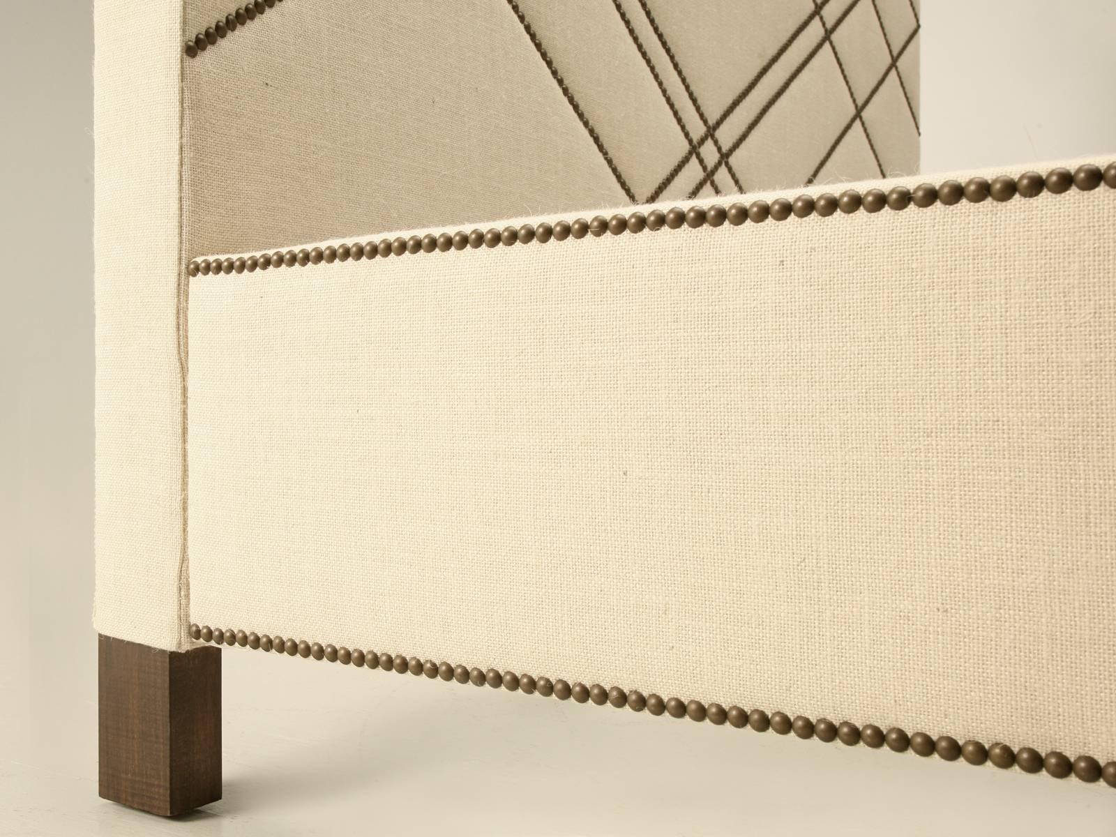 Brass Custom Made Upholstered Bed, Bronze Nail Head Geometric Design Optional Sizes For Sale