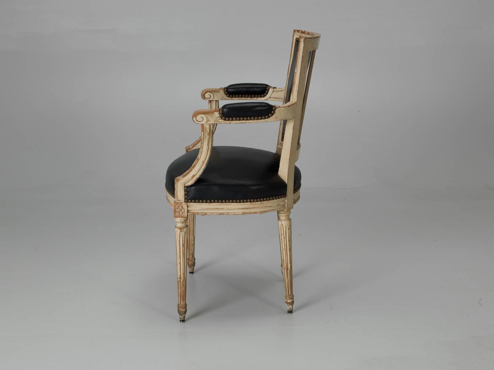 Antique Louis XVI Style French Dining Chairs in Original Paint and Black Leather (Louis XVI.)