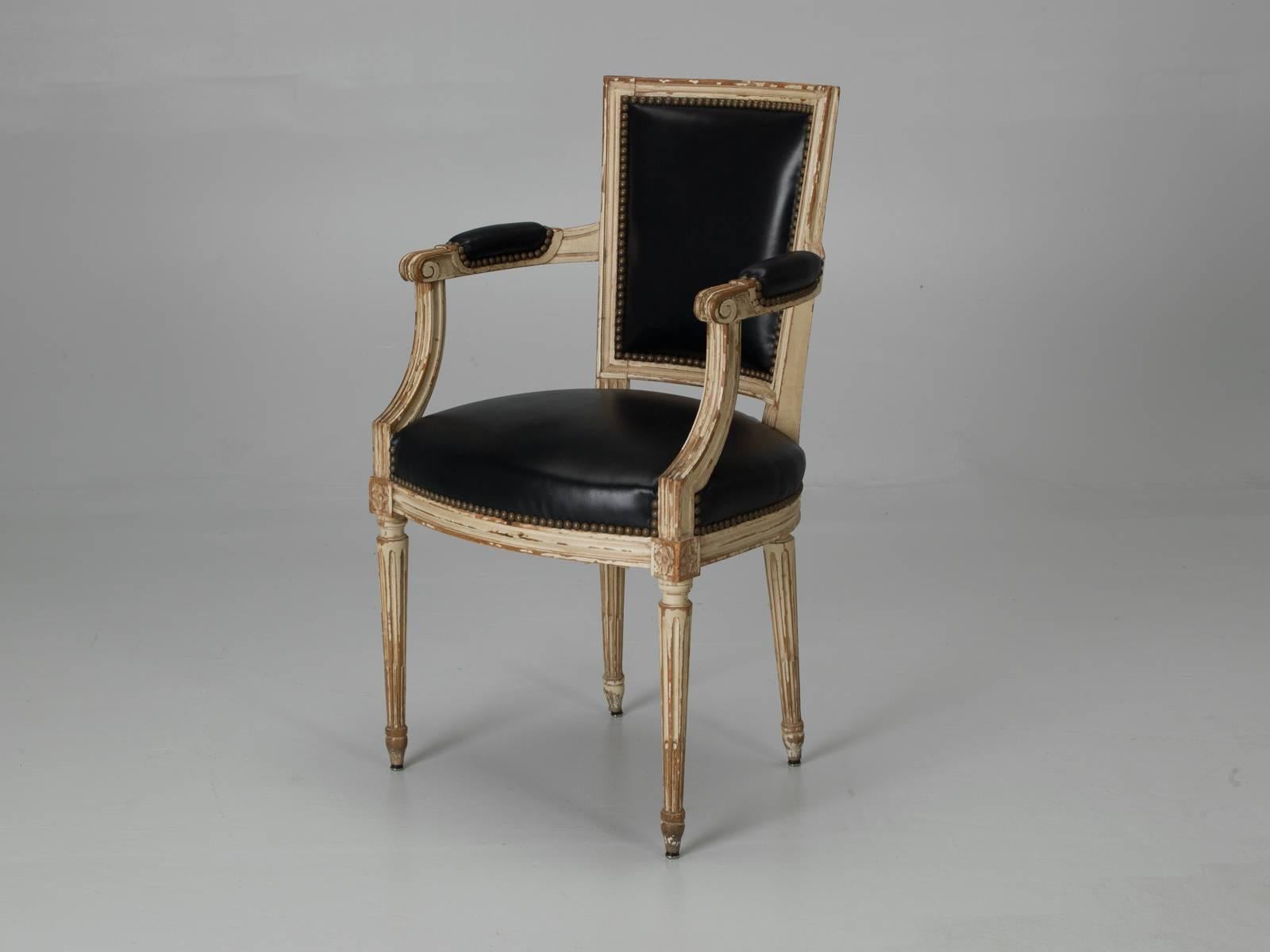 Early 20th Century Antique Louis XVI Style French Dining Chairs in Original Paint and Black Leather