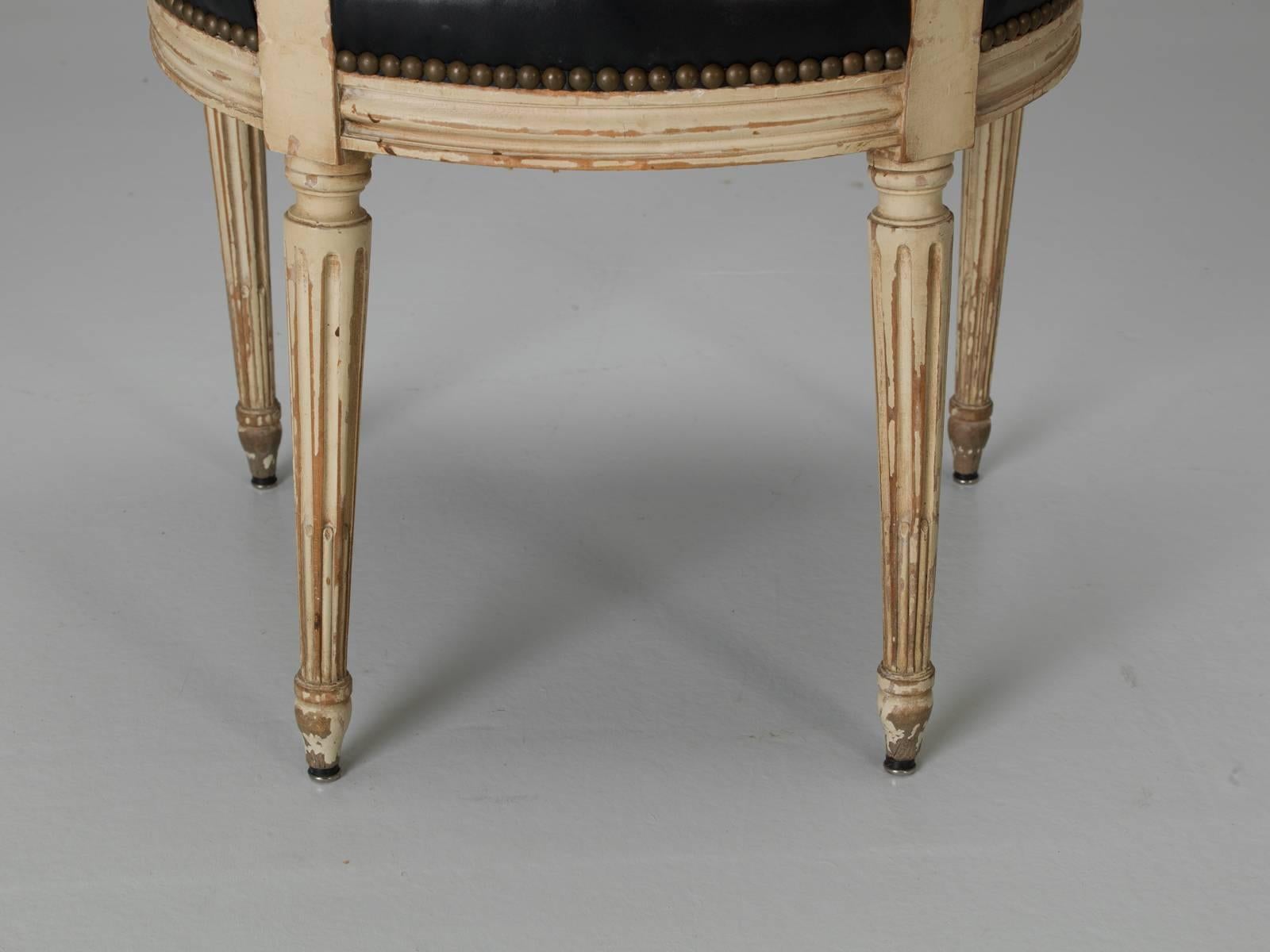 Antique Louis XVI Style French Dining Chairs in Original Paint and Black Leather 2