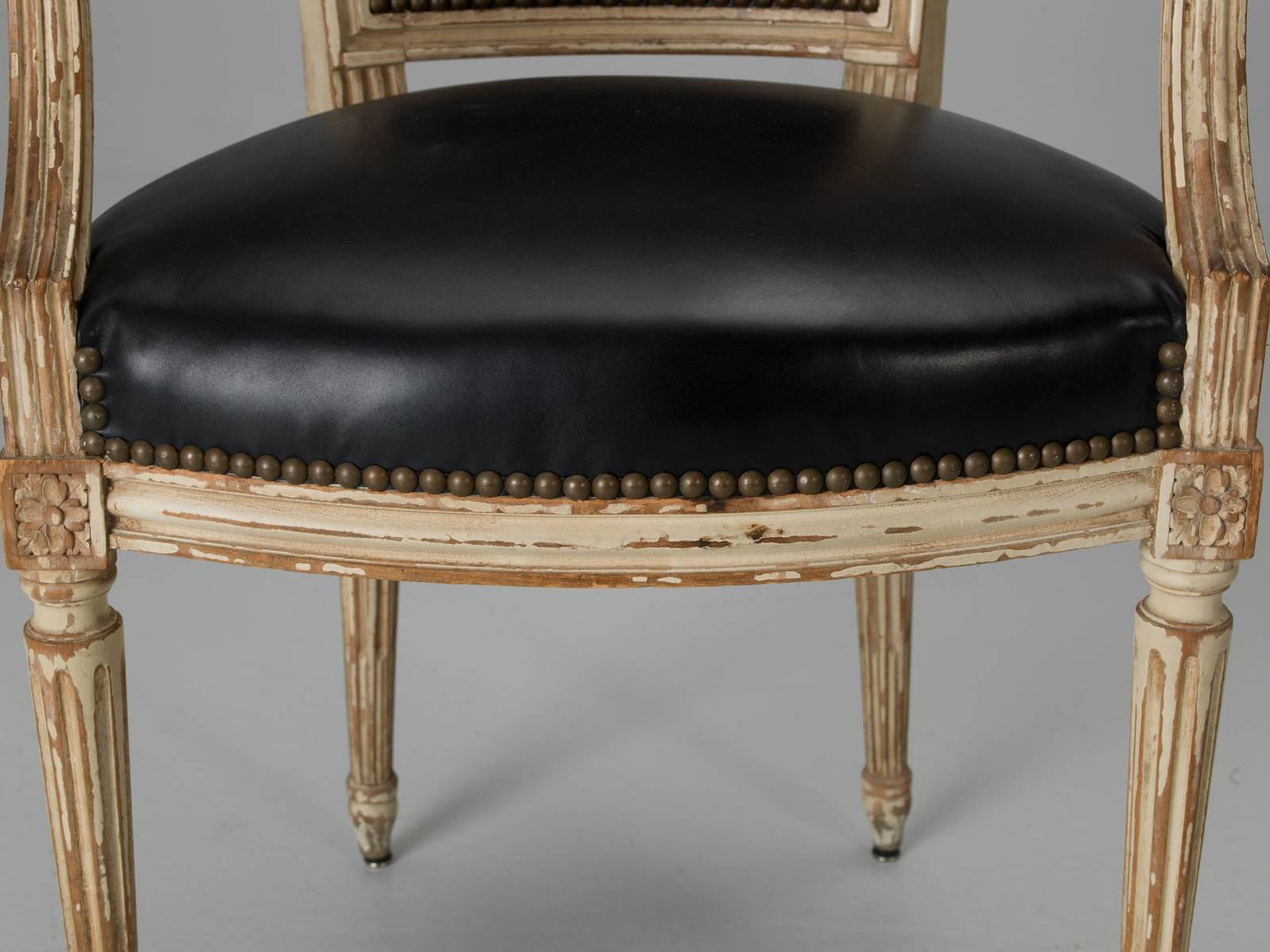 Antique Louis XVI Style French Dining Chairs in Original Paint and Black Leather 4