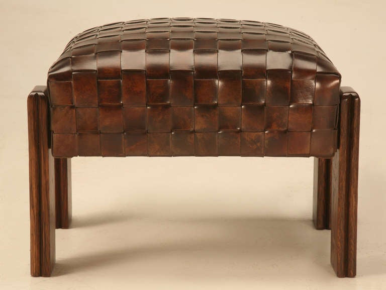 Woven Leather Ottoman in the Style of Arts & Craft or possible early Art Deco that we are Custom making in our Upholstery Department. Whether by itself or positioned next a chair, this Woven Leather Ottoman is absolutely beautiful. Made right here