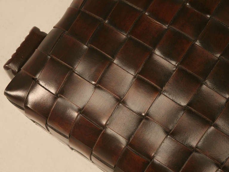 Art Deco Unique French Handwoven Leather Ottoman Arts & Craft Style Available in Any Size For Sale
