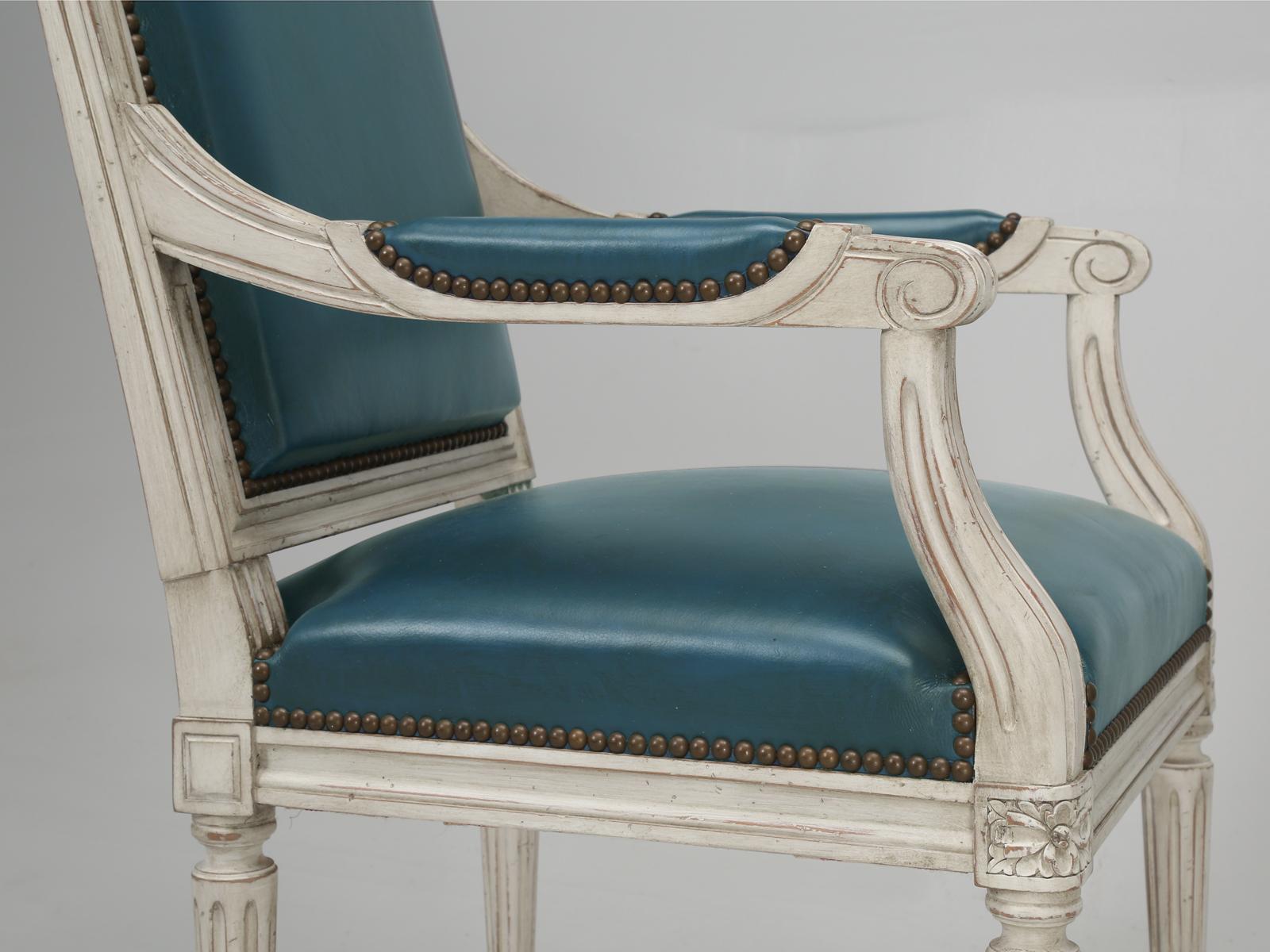 Beech French Louis XVI Style Arm chairs Custom Dyed Blue Leather, Side chair Available