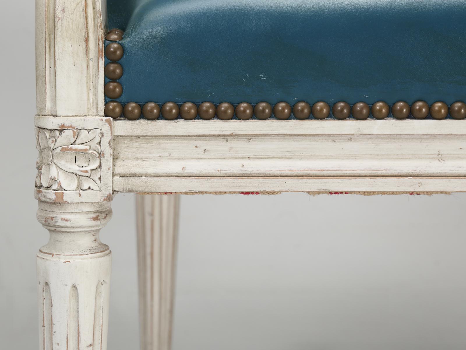 French Louis XVI Style Arm chairs Custom Dyed Blue Leather, Side chair Available 1