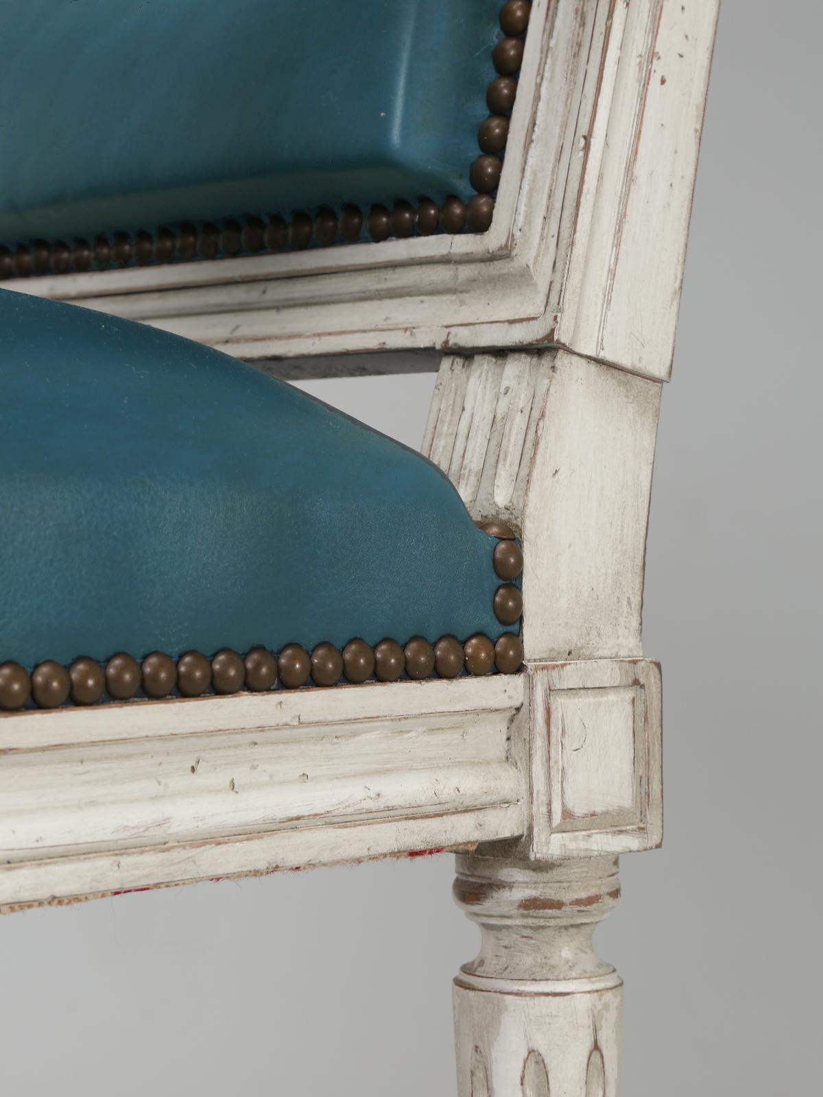 French Louis XVI Style Arm chairs Custom Dyed Blue Leather, Side chair Available 3