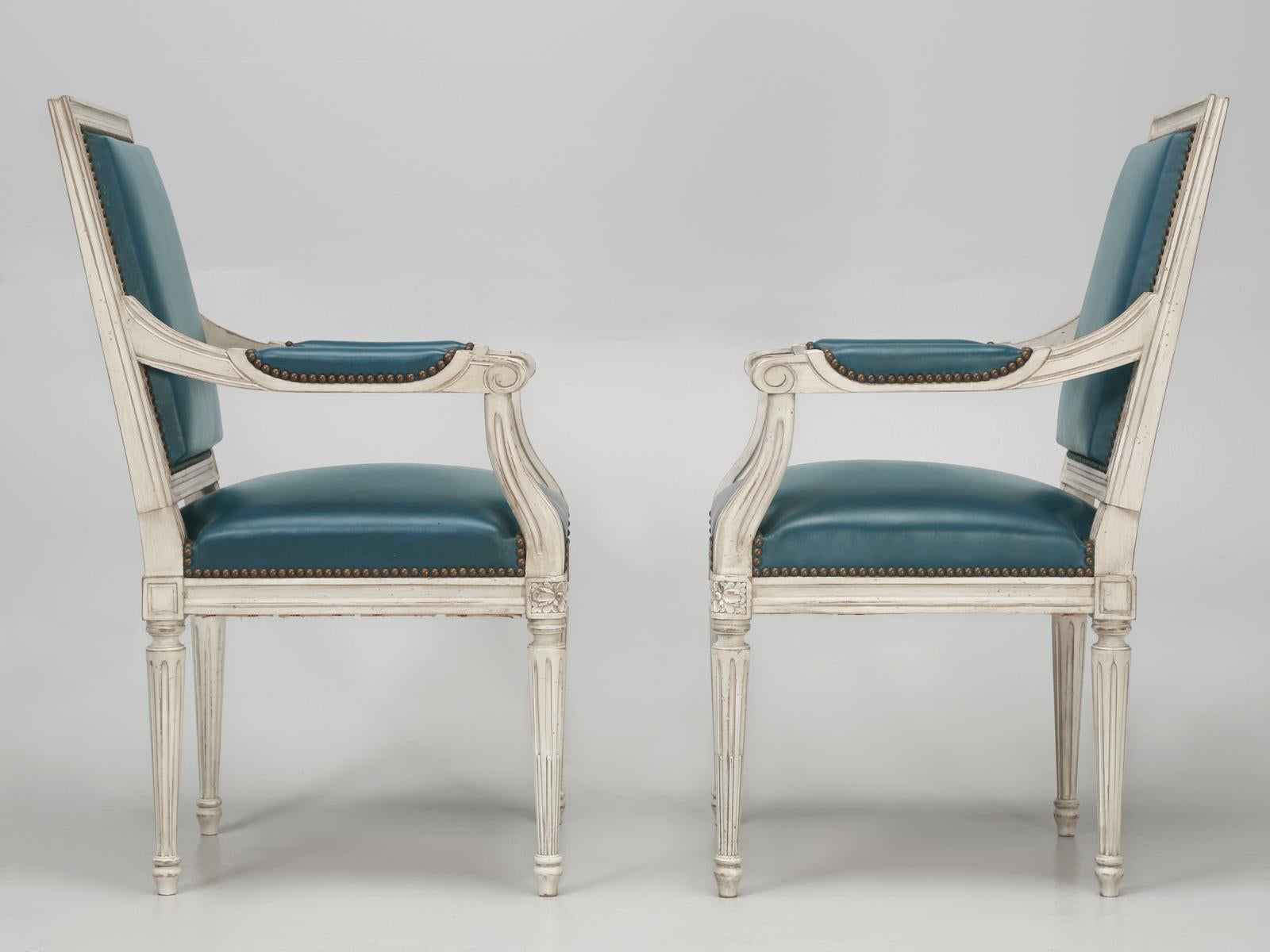 French Louis XVI Style Arm chairs Custom Dyed Blue Leather, Side chair Available 5