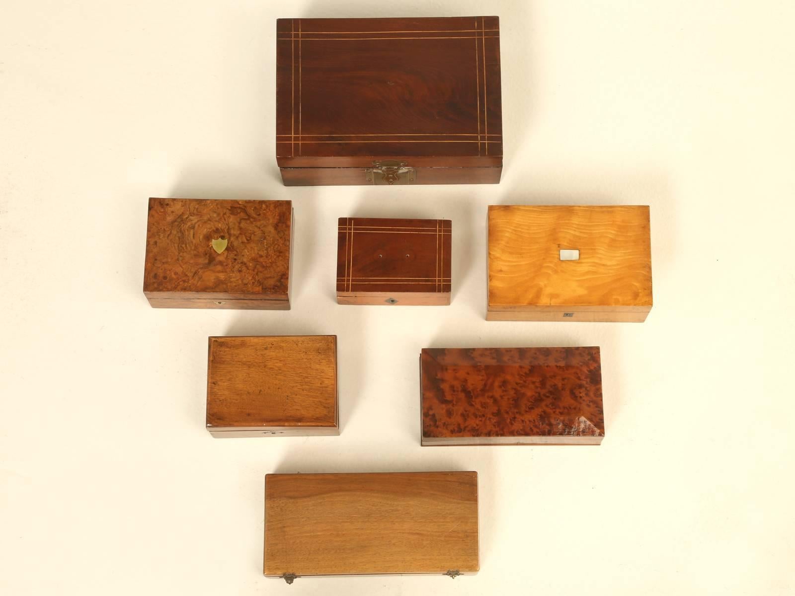 Wonderful collection of old wooden boxes found in Toulouse, France. Our finishing department went over each one to bring a bit of life back into the finish, while still allowing it to look original and not some new copy.
 