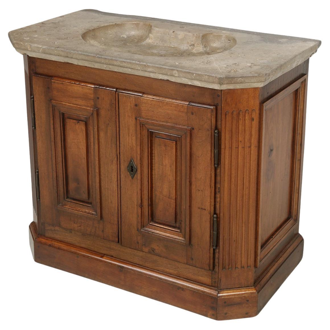 Antique French 18th C Spectacular Walnut Bathroom Vanity with Thick Fossil Sink For Sale