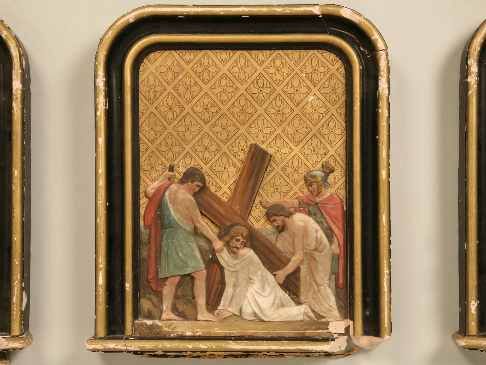 French Antique Stations of the Cross In Distressed Condition In Chicago, IL