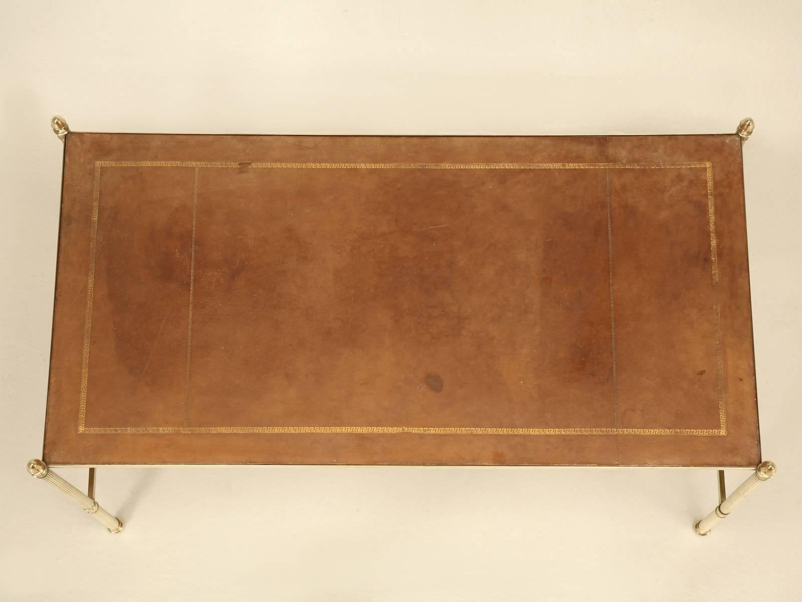 Mid-Century Modern Vintage French Leather and Brass Coffee Table