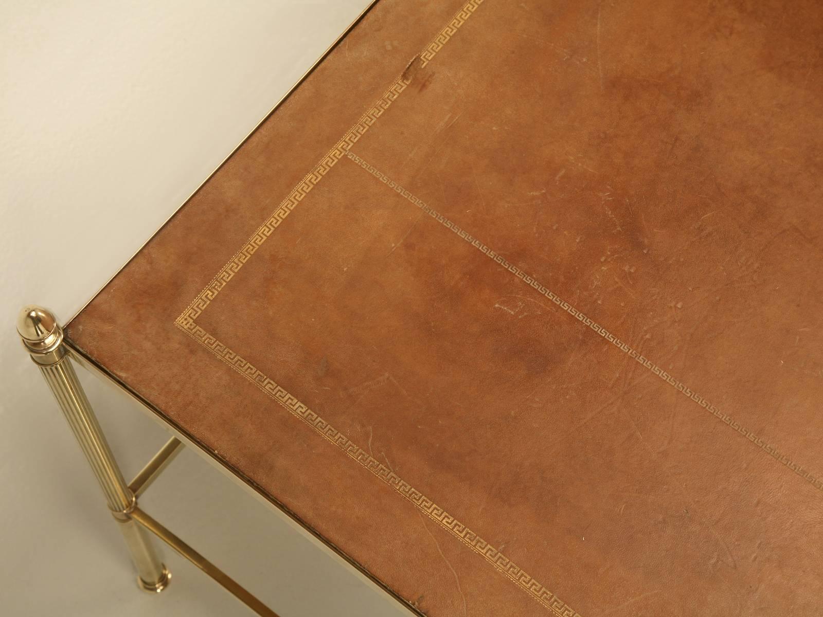 Mid-20th Century Vintage French Leather and Brass Coffee Table