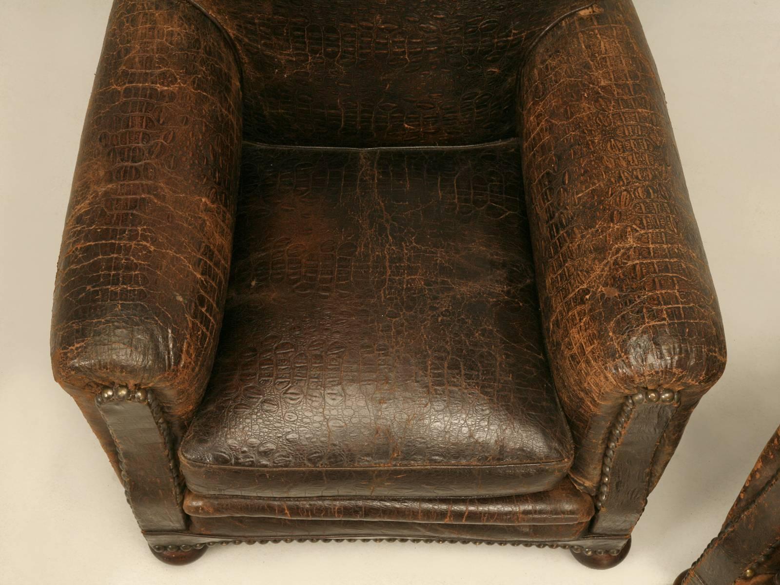 Art Deco French Leather Club Chairs in Faux Crocodile