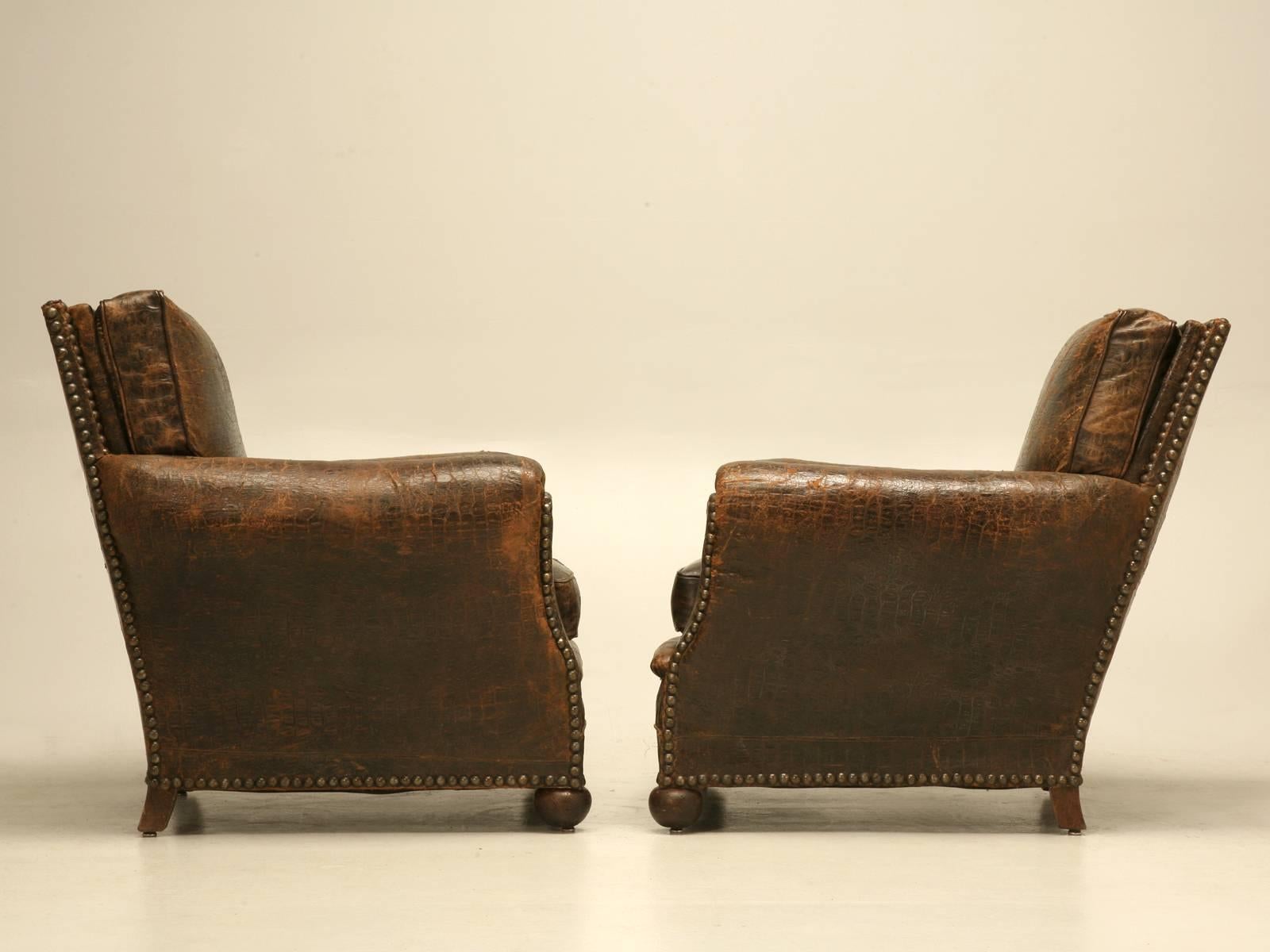 French Leather Club Chairs in Faux Crocodile 1
