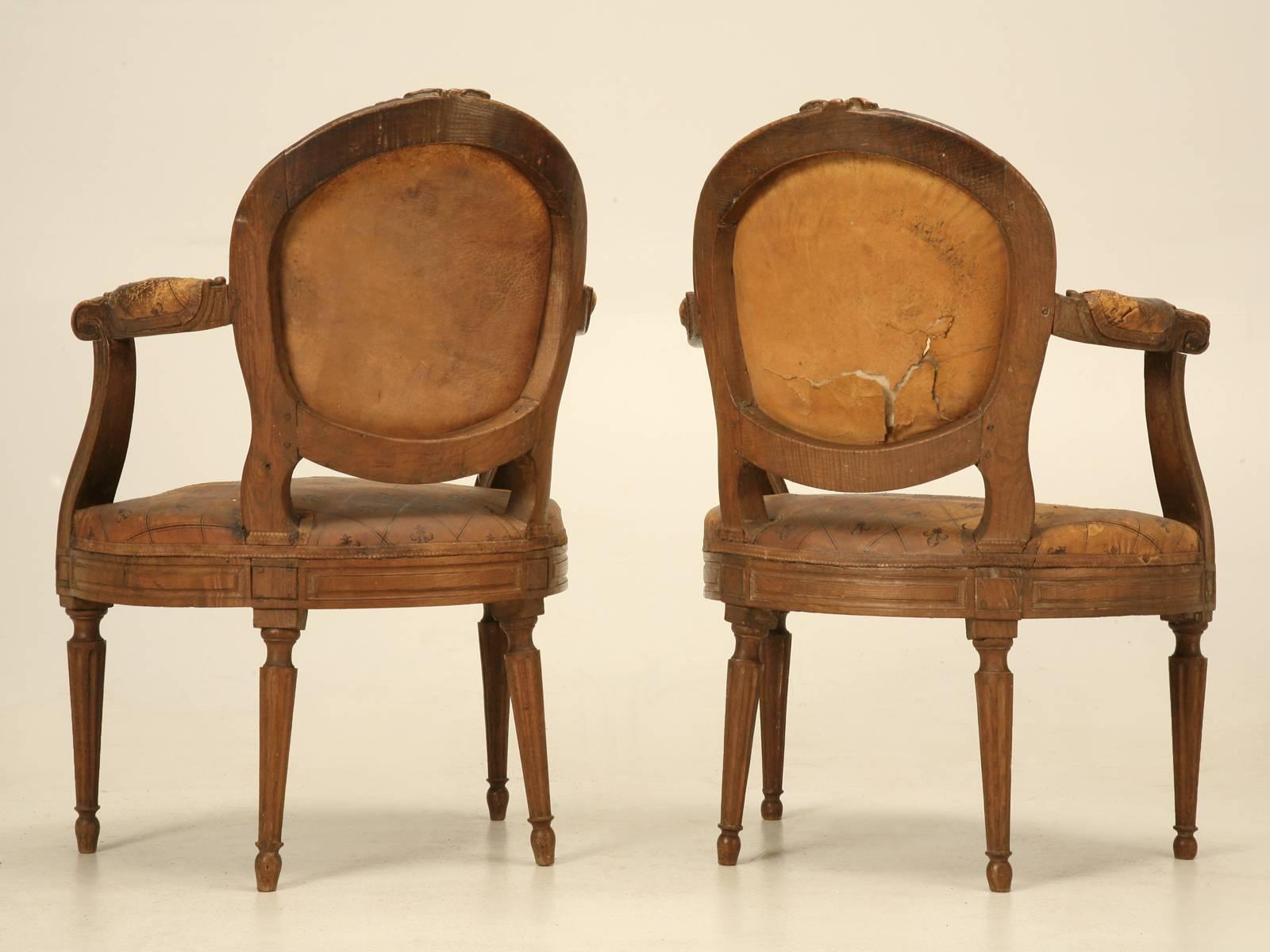 French Louis XVI Style Armchairs in Original Leather with Unusual Fleur de Lis For Sale 4