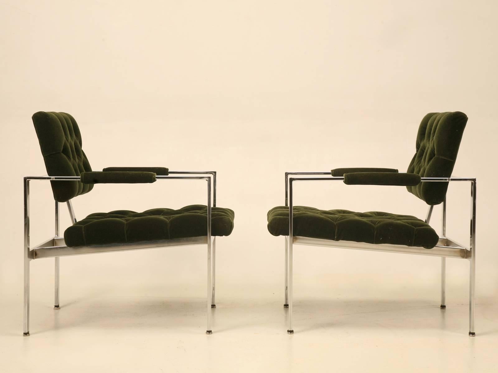 Pair of circa 1970s Lounge Chairs designed by Milo Baughman. Recently re-covered in a beautiful very dark green Mohair from Todd Hase. Extremely comfortable. Please note minor surface scratches on the chrome.