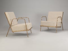 Gilded Metal Faux Bamboo Upholstered Lounge Chairs in the Maison Jansen Style.