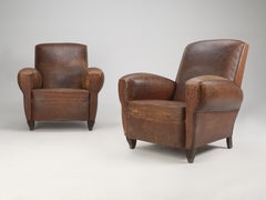 Pair of French Leather Club Chairs in Original Condition and Very Comfortable