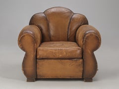 French Art Deco Leather Club Chair, Hand-Crafted, Cloud Back, 1930s