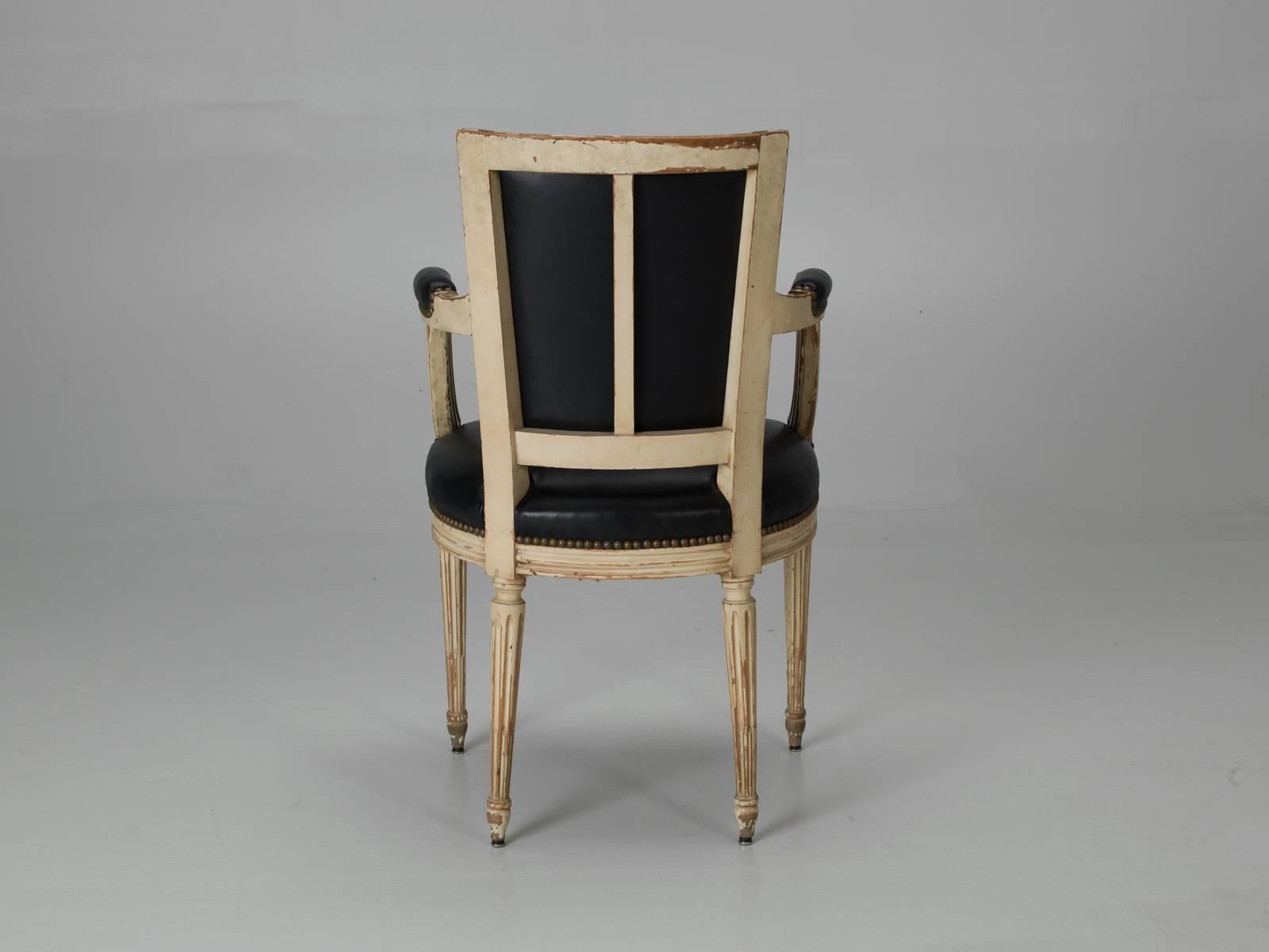 Antique Louis XVI Style French Dining Chairs in Original Paint and Black Leather In Excellent Condition In Chicago, IL