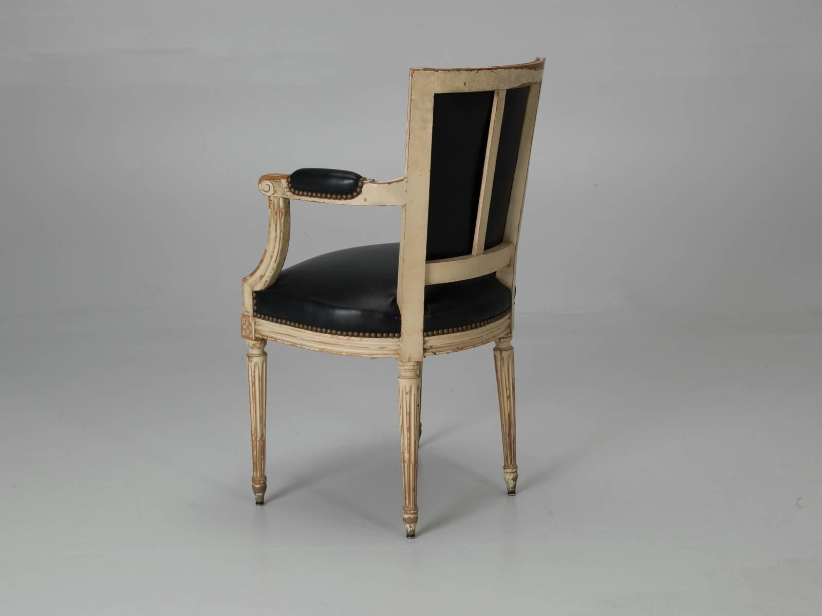 Early 20th Century Antique Louis XVI Style French Dining Chairs in Original Paint and Black Leather