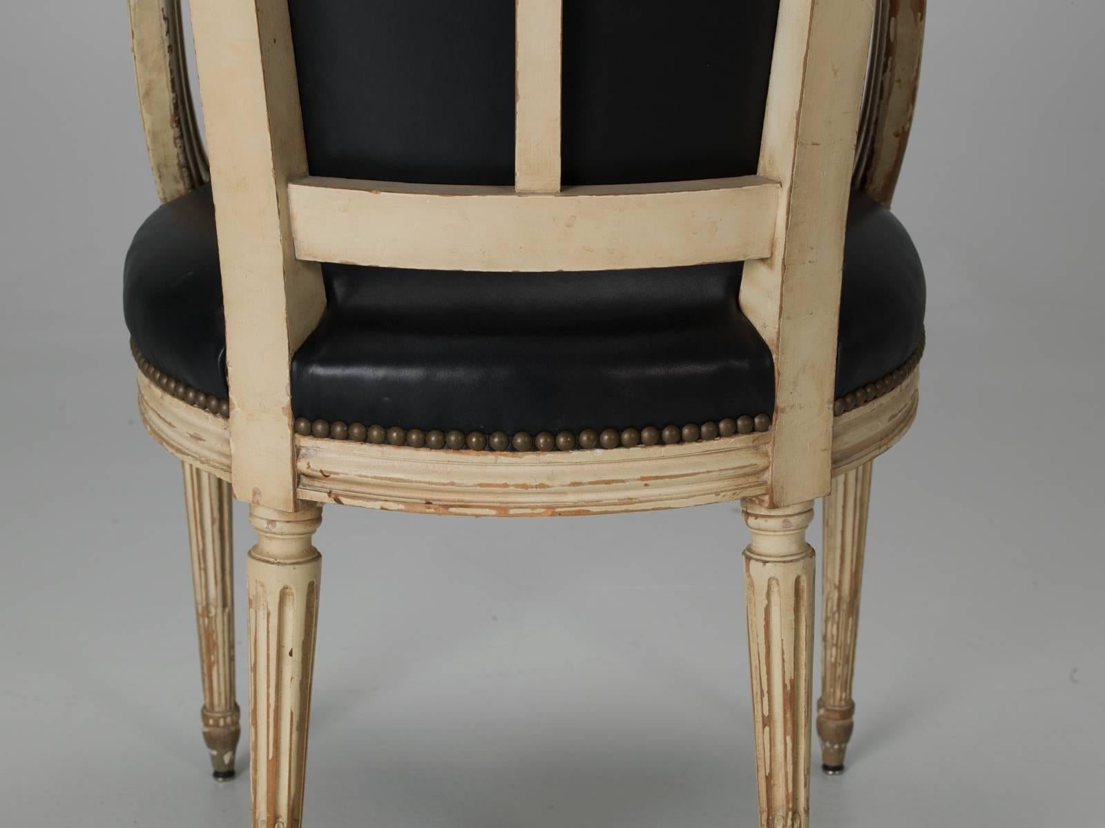 Antique Louis XVI Style French Dining Chairs in Original Paint and Black Leather 1