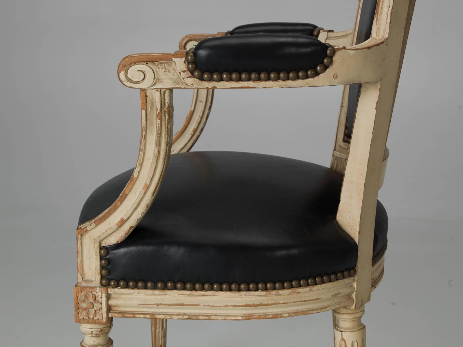 Antique Louis XVI Style French Dining Chairs in Original Paint and Black Leather 3