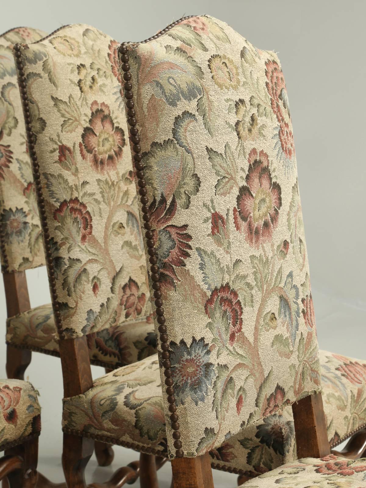 Set of six vintage French dining chairs, in need of restoration. These French dining chairs were basically removed from someone’s home, near the town of Toulouse, France and shipped to our store. We do offer full in-house upholstery restoration on