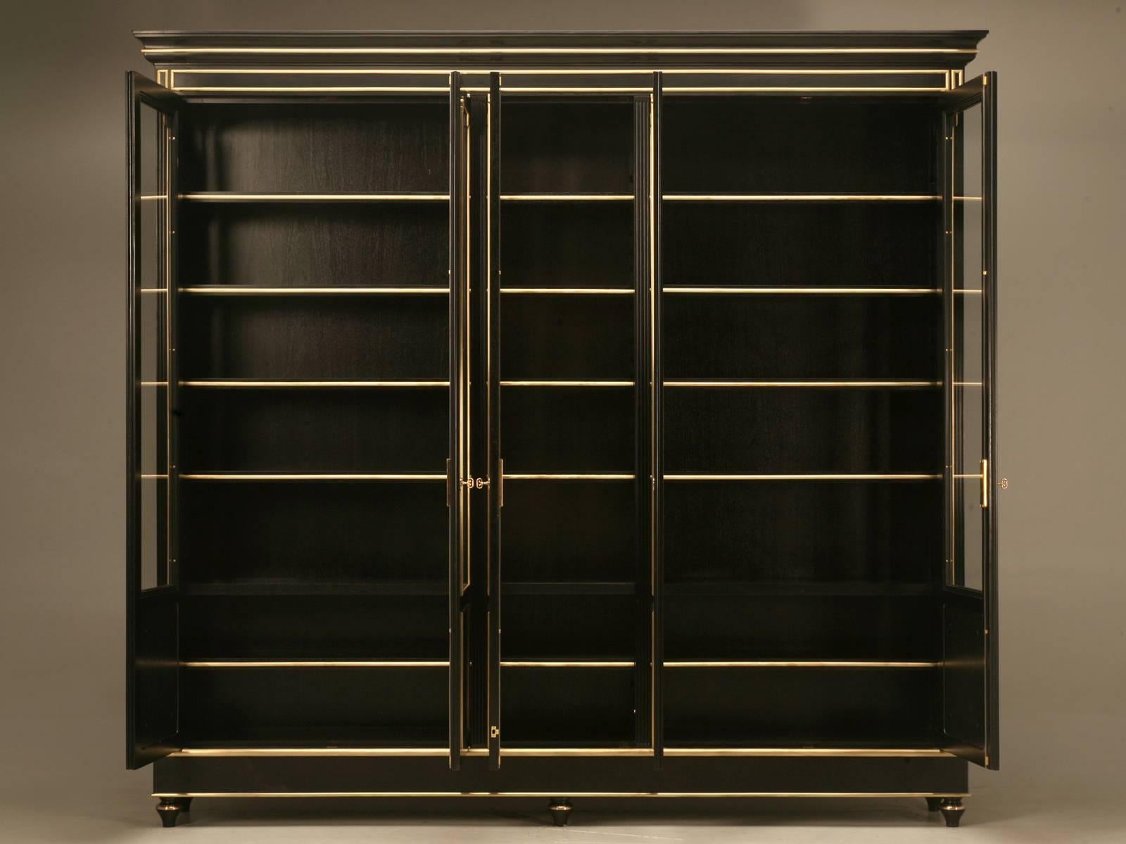 French Louis XVI Style Bookcase/China Cabinet, Ebonized Mahogany with Brass Trim For Sale 2
