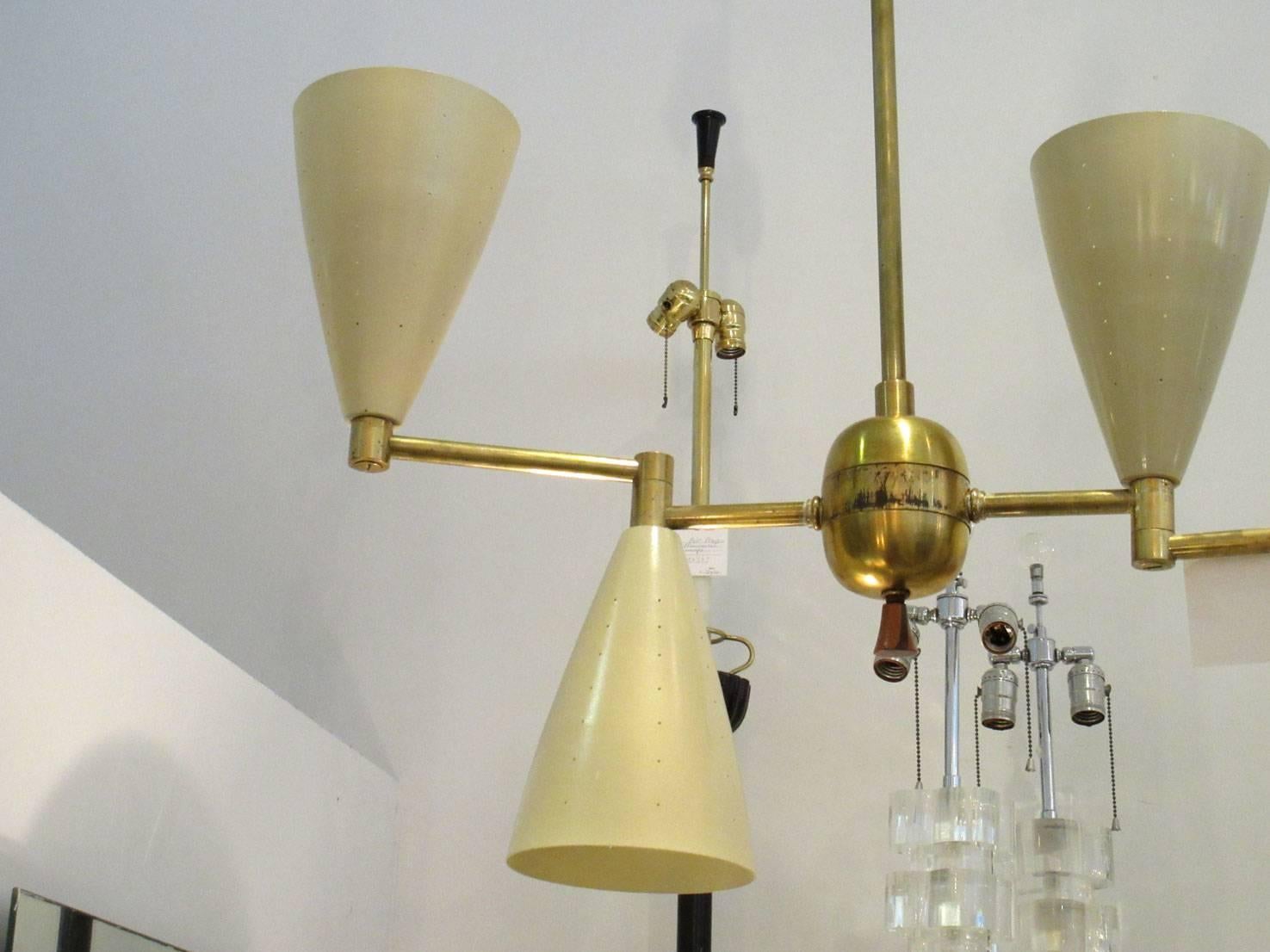 Metal Two Mid-Century Modern Brass and Enamel Articulating Chandeliers