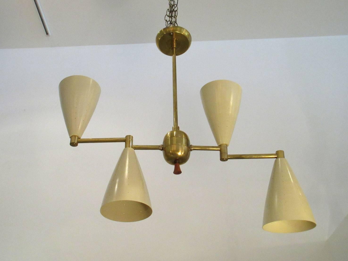 Enameled Two Mid-Century Modern Brass and Enamel Articulating Chandeliers