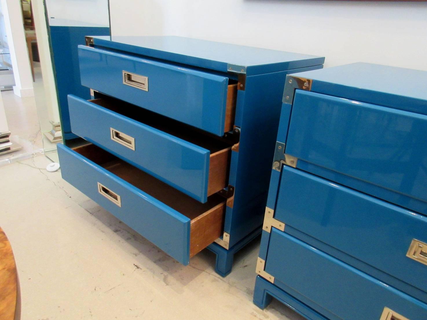 20th Century Pair of Ocean Blue Lacquered Campaign Chests
