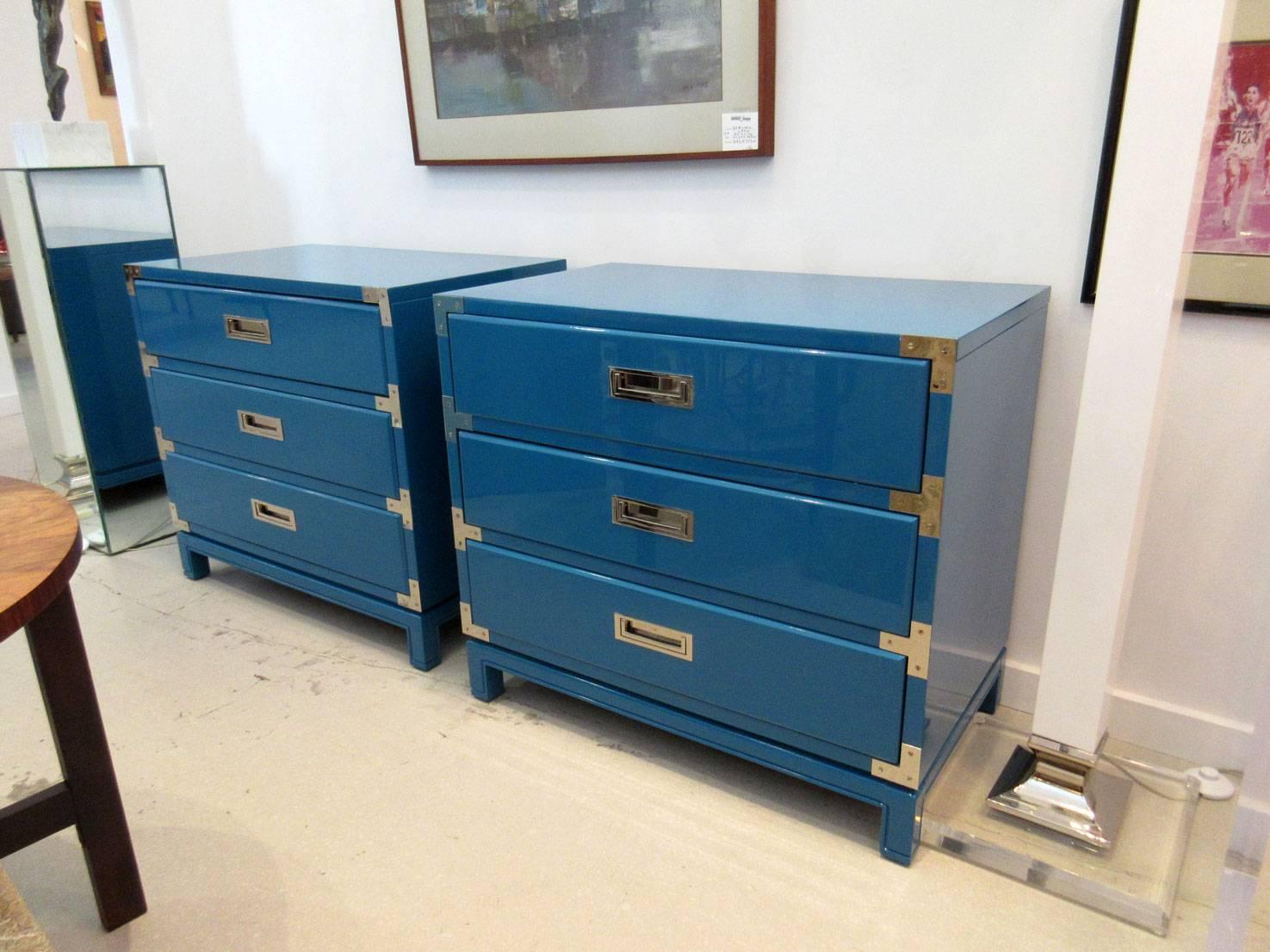 Pair of ocean blue lacquered chests of drawers with nickel-plated hardware. The chests have been professionally restored. However there are some blemishes and scratches on surface- no color loss.