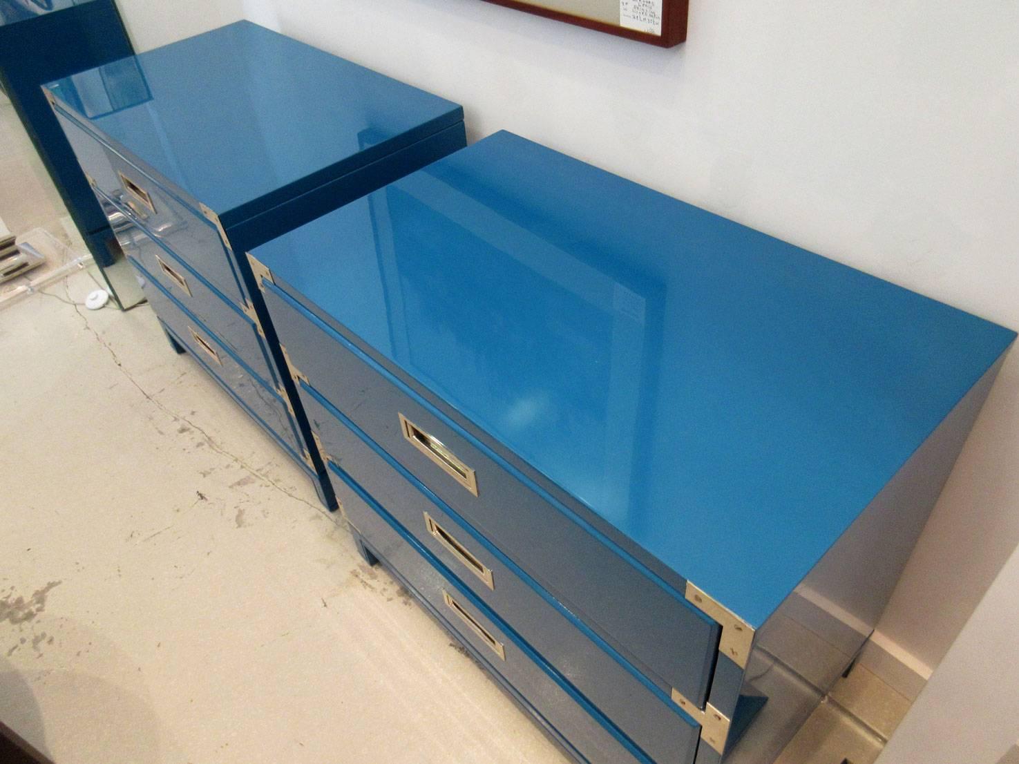 Nickel Pair of Ocean Blue Lacquered Campaign Chests