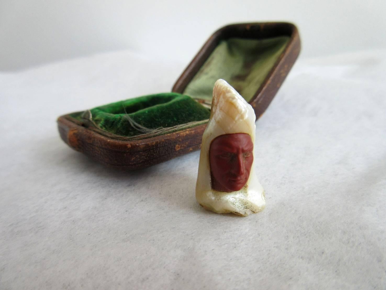 Art Nouveau carved jasper and natural pearl objet de vertu. This piece was carved by a truly skilled hand as the detail of the male face is so realistic. The piece is probably French and may have been carved to be incorporated into a piece of