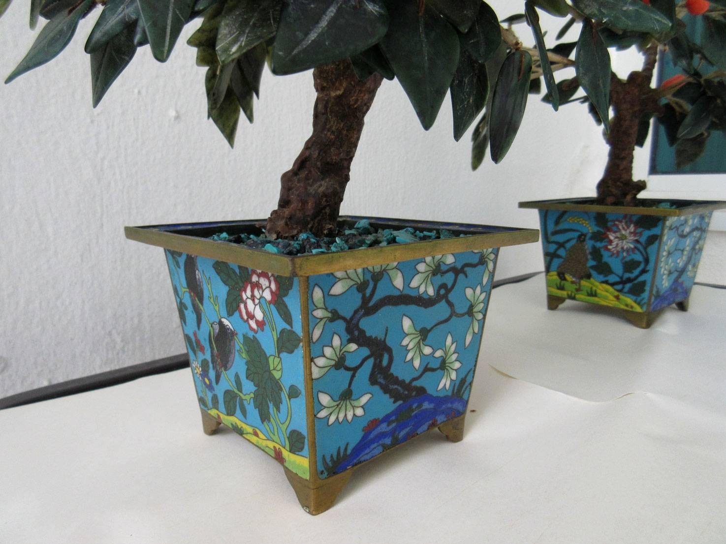 Pair of Early 20th Century Carved Jade Orange Blossom Trees In Good Condition In West Palm Beach, FL