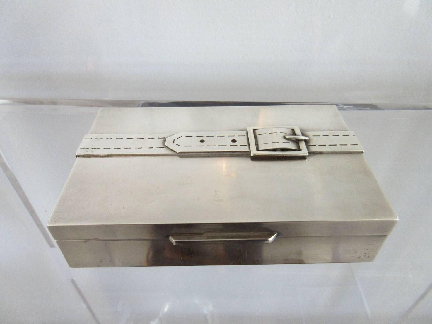 Vintage Maria Pergay silver plated box with iconic buckle motif. Signed on the interior.