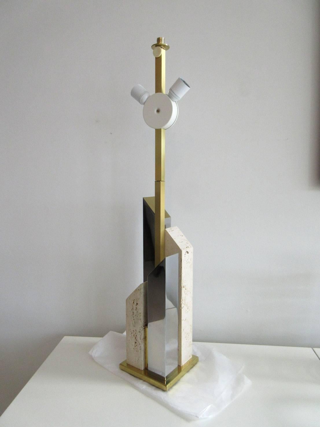 Vintage Gaetano Sciolari two-tone table lamp nickel-plate, brass complimented with stone. The Sciolari mark is at the top near the finial of the lamp.