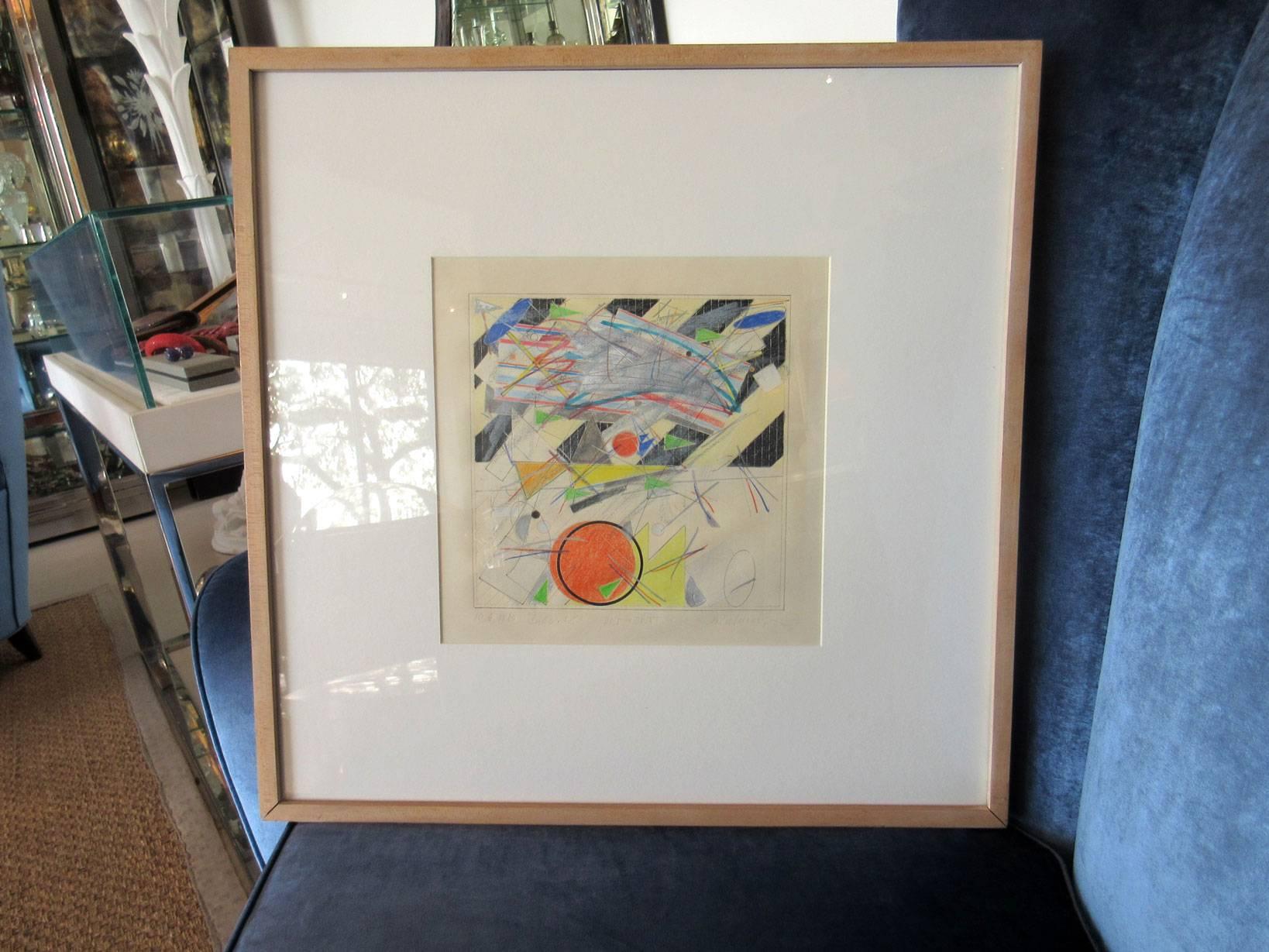 Mixed-media non-objective abstract by listed artist Vladimir Zakrzewski. The drawing is entitled 