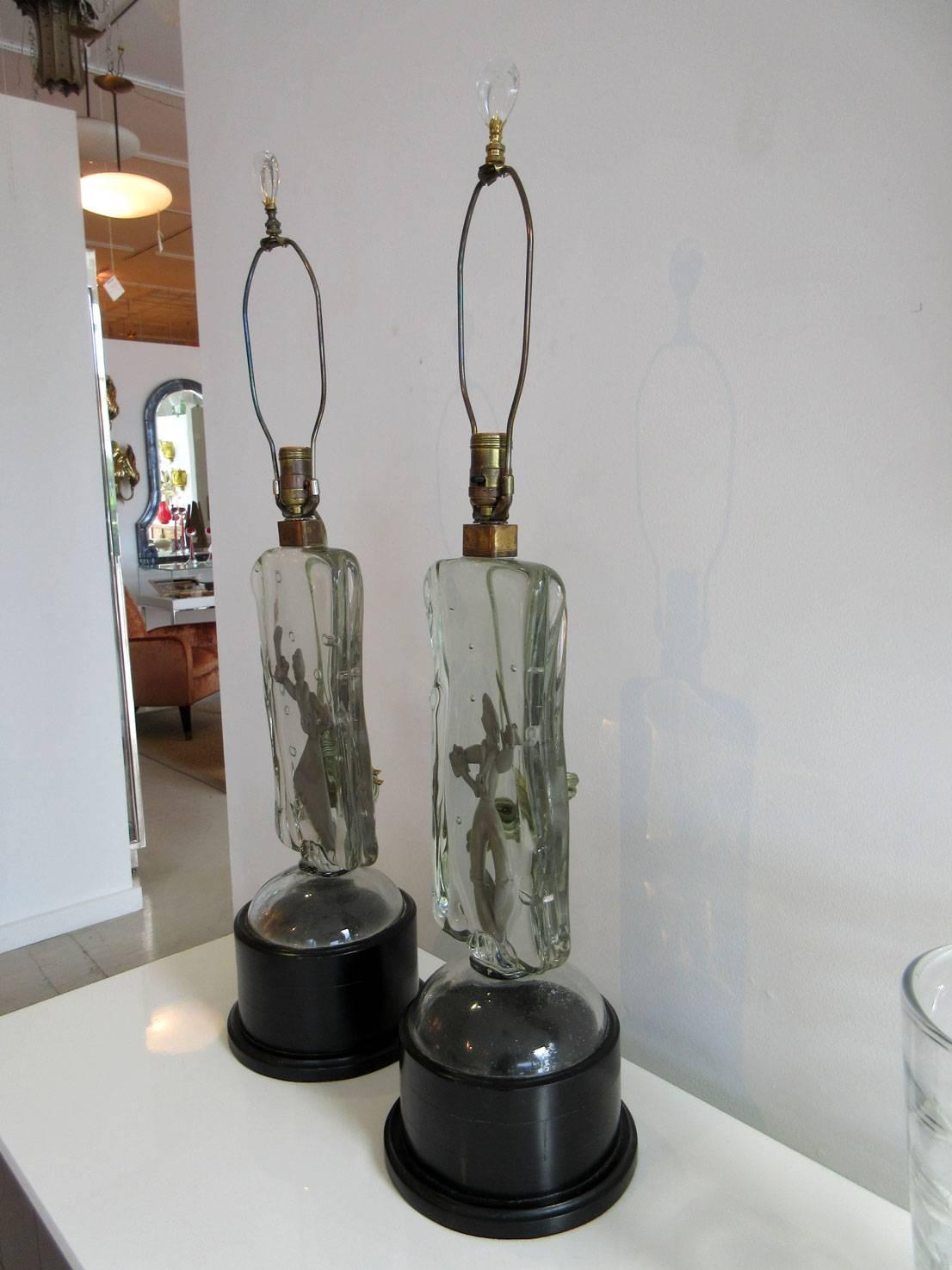 Mid-Century Modern Rare Silver Alfredo Barbini Murano Glass Dancer Lamps For Sale