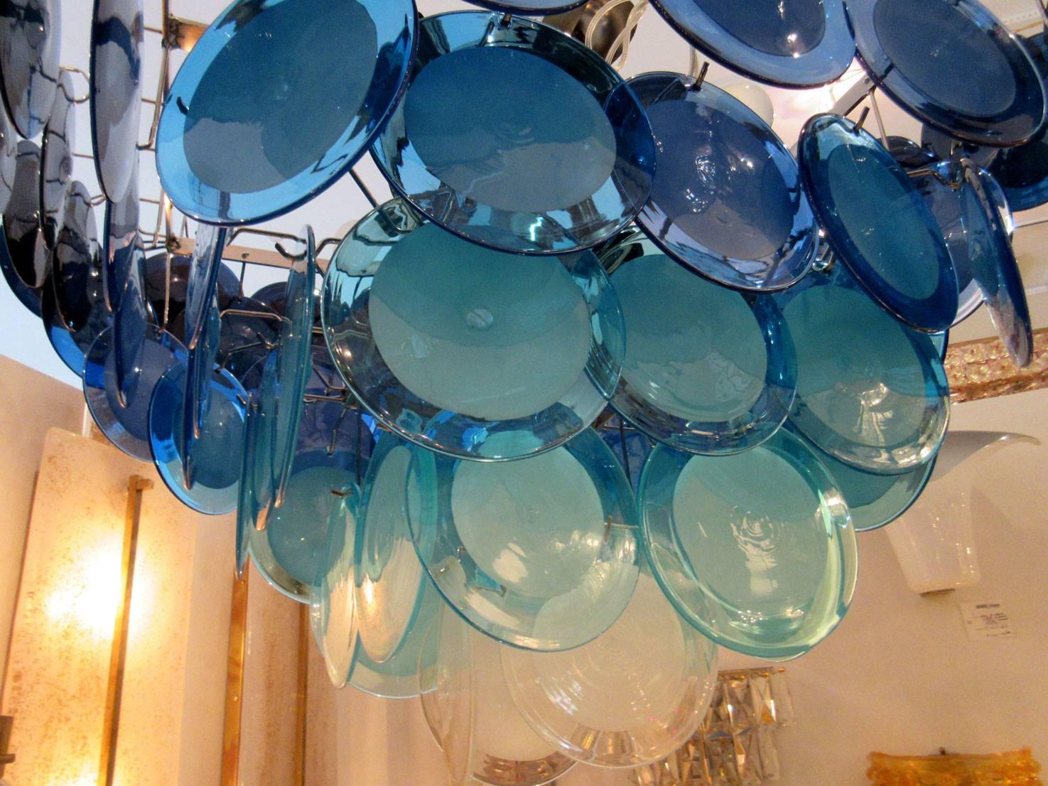 Chrome Vistosi Blue Murano Glass Disc Chandelier