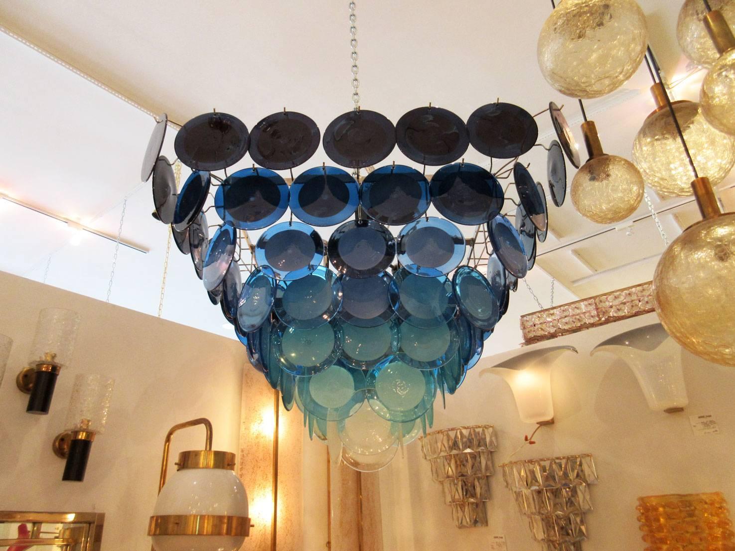 Vistosi Blue Murano Glass Disc Chandelier In Good Condition In West Palm Beach, FL