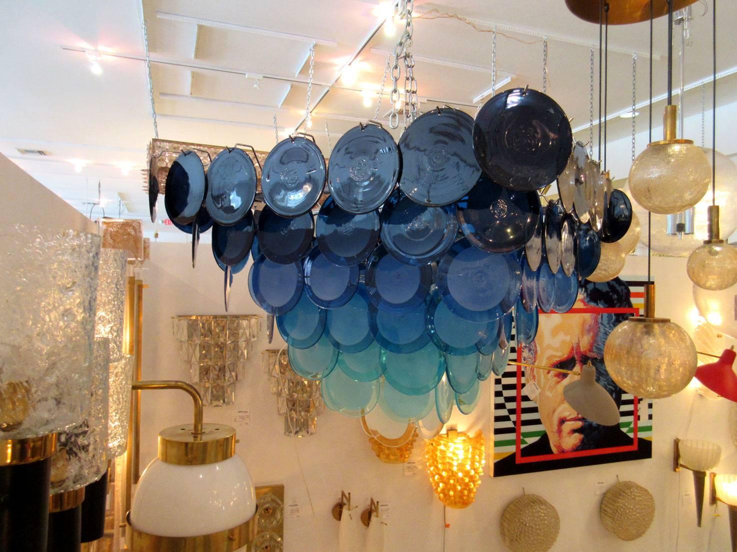 Italian Vistosi Blue Murano Glass Disc Chandelier