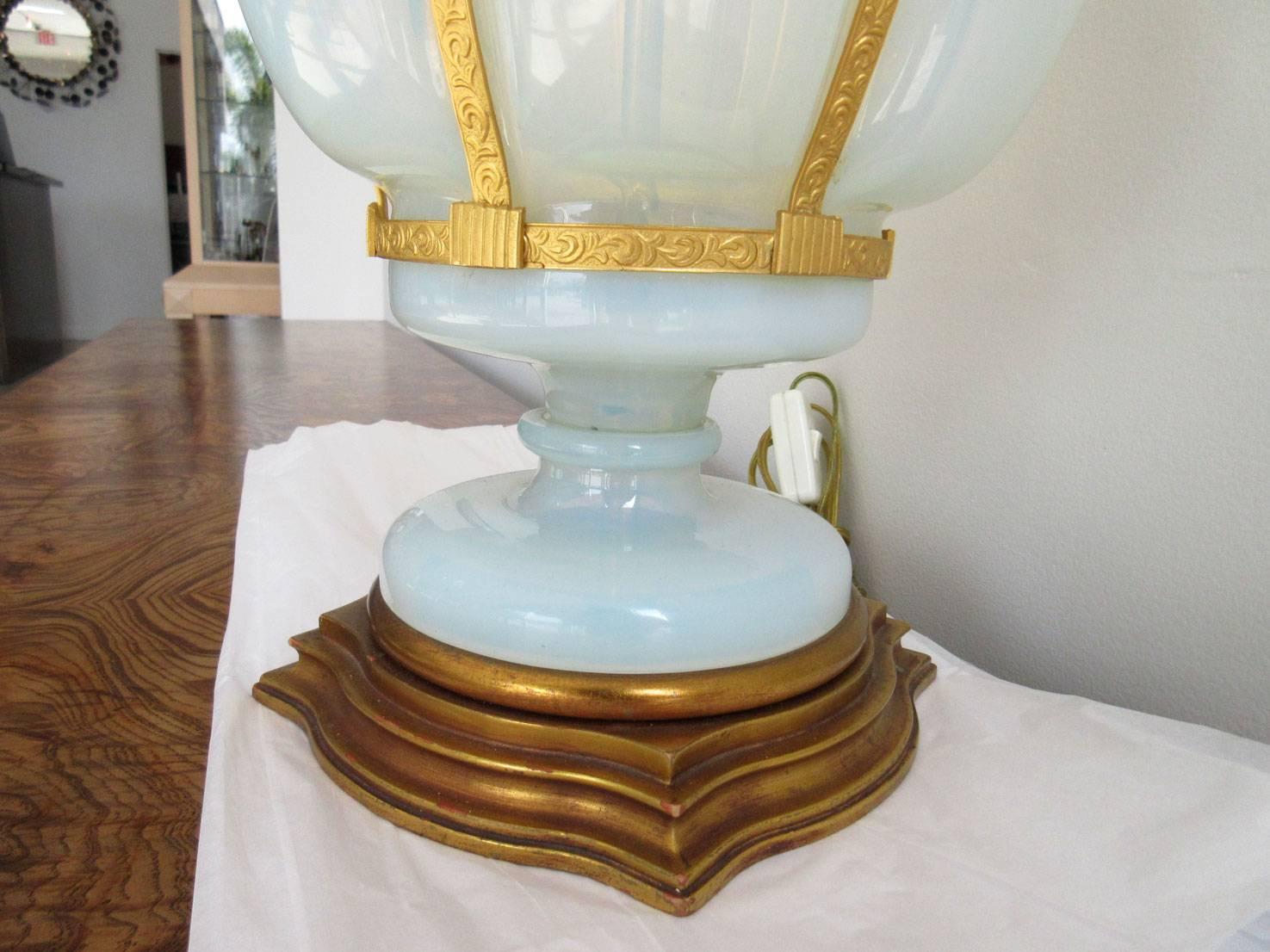 Brass Pair of Vintage Marbro Barovier Opalescent Sky-Blue Lamps For Sale