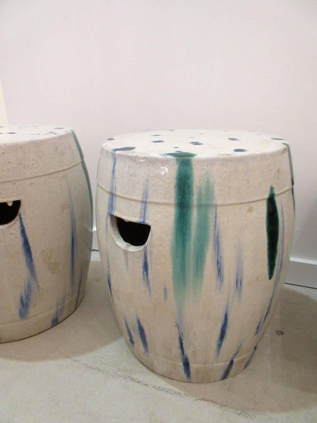 Pair of Chinese Ceramic Garden Seats with Blue and Green Tie-Dye Glaze 1