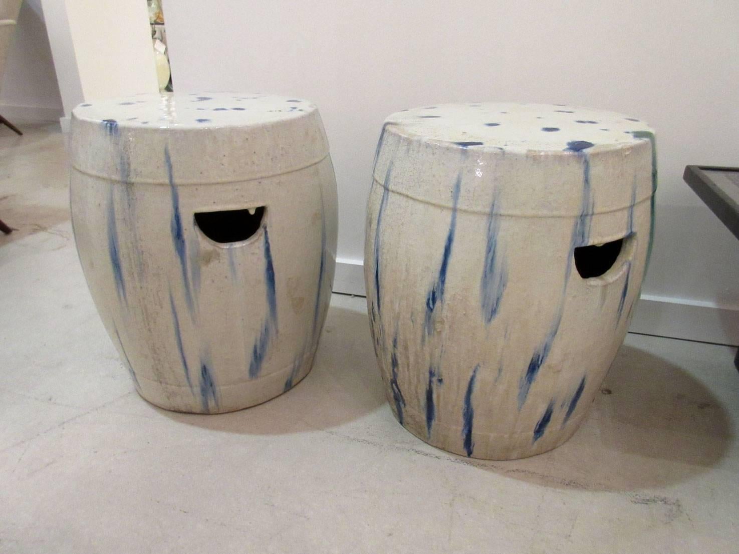 Contemporary Pair of Chinese Ceramic Garden Seats with Blue and Green Tie-Dye Glaze
