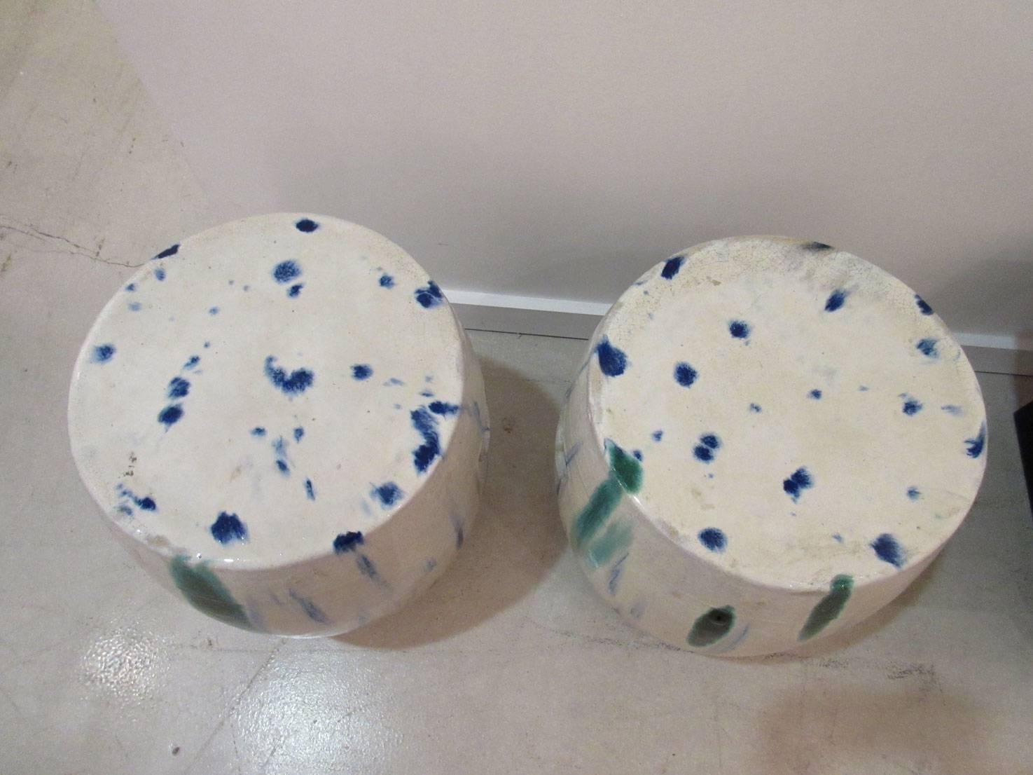 Pair of Chinese Ceramic Garden Seats with Blue and Green Tie-Dye Glaze 2