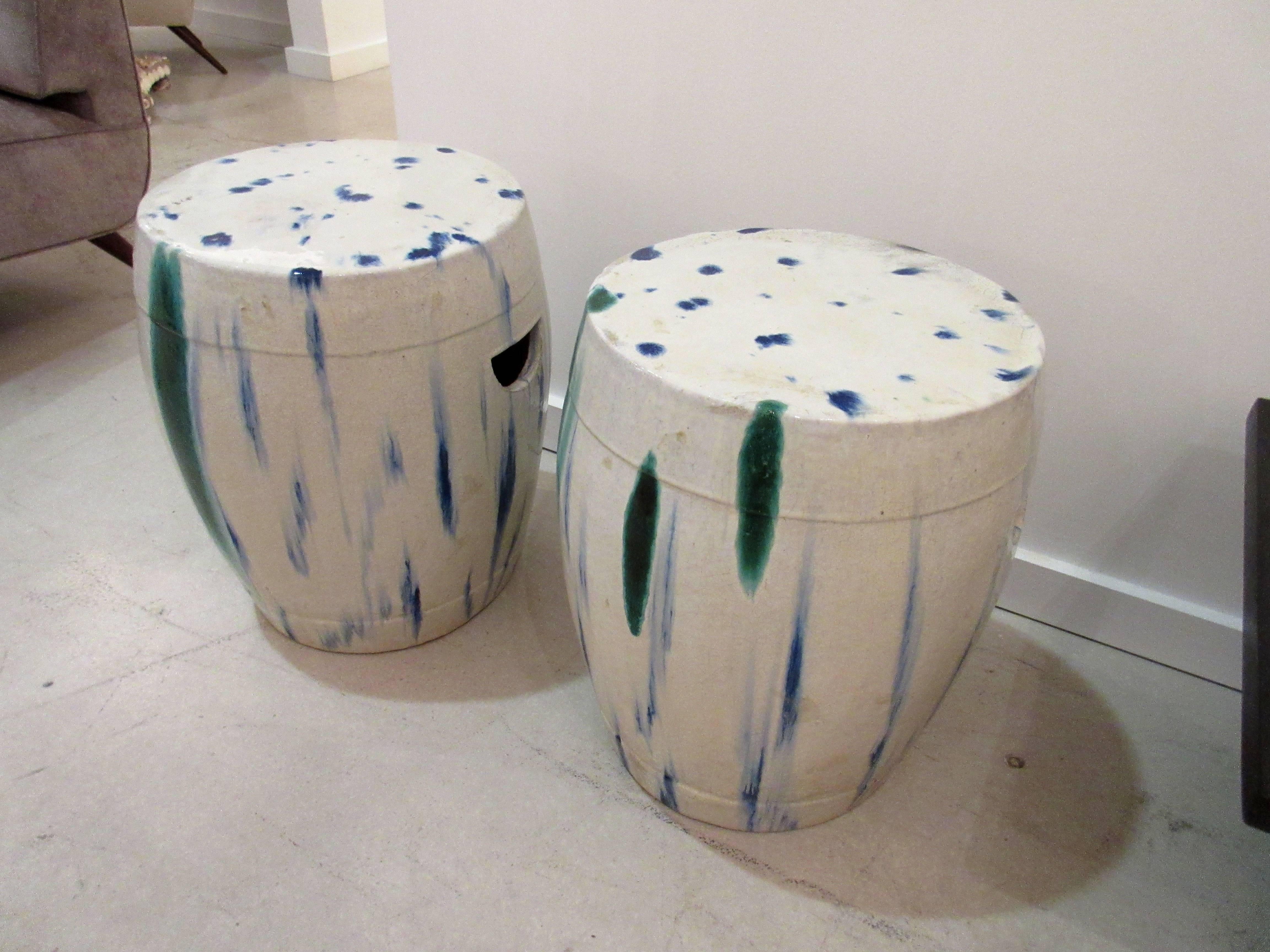 Pair of Chinese Ceramic Garden Seats with Blue and Green Tie-Dye Glaze In Good Condition In West Palm Beach, FL